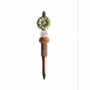 ​🌿 Sage Sunflower & Brown Rhinestone Beaded Pen • Boho Bling
